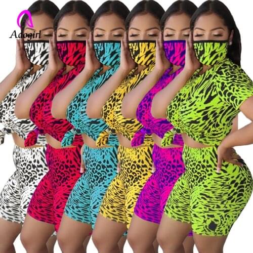 Leopard Sport Women with Mask Two Piece Set Casual Tee Tops Biker Shorts Jogger Sweatpants Suit Tracksuit Matching Set Outfit