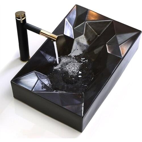 Matte Black Diamond Platform Basin Sink Rectangular Bathroom Wash Basin Wash Basin Art Basin Vessel 56x35cm