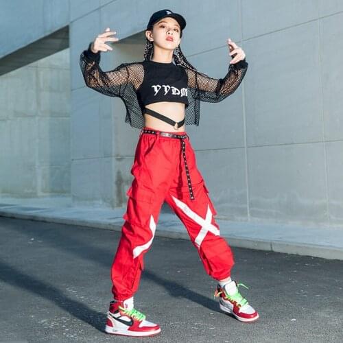 New Girls Hip-Hop Fashion Clothes ChildrenS Street Dance Suit Long Sleeve Mesh Tops Red Pants Kids Jazz Dance Costumes DWY4733