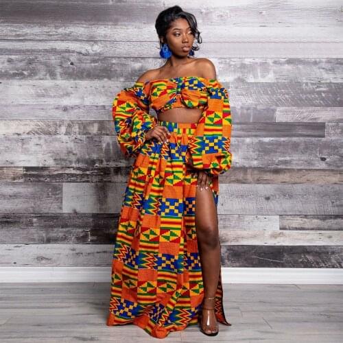 Fashion Ladies Clothes African Shoulder Off 2020 News Dashiki Print African sets for Women Lantern Sleeve Short Top and skirt