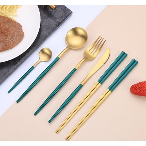 Stainless Steel Cutlery Western Thickened Set Dinnerware Spoon and Fork Flatware Gold Knife Kitchen Table Travel Chopsticks