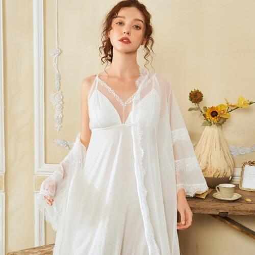 Fairy Night Gown And Robe Sets for Women Cotton Lace Sleepwear Vintage Nightdress Sexy Robe Pijamas Negligee Peignoir Lounge Set