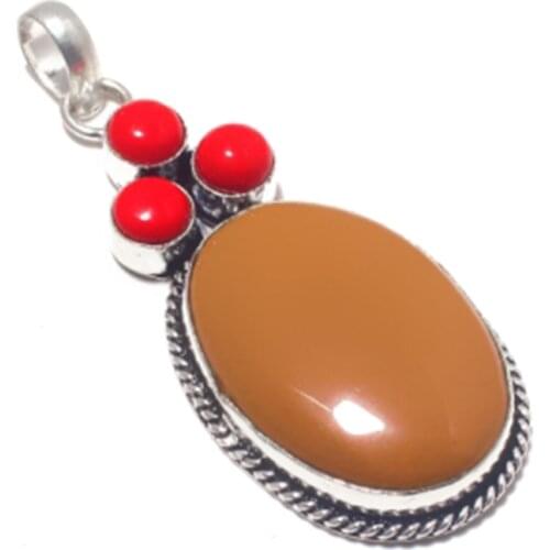 Genuine Mookaite Jasper + Coral Pendant Silver Overlay over Copper ,Hand made Women Jewelry gift