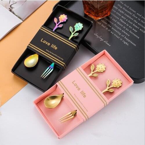 Cute Stainless Steel Gold Flower Spoon Sunflower Fruit Fork Coffee Spoon Wedding Accompaniment Gift Set