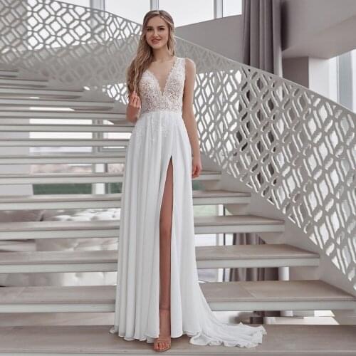 Sexy High Slit Chiffon Bridal Dresses Double V Neck Sleeveless Appliques Sweep Train Wedding Dress 2020 Robe De Mariage
