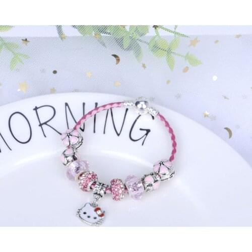 Pan Jia charm KT Cute Cat Leather Rope Bracelet Female Pink Crystal DIY Alloy Large Hole Beaded Bracelet February 14 gift