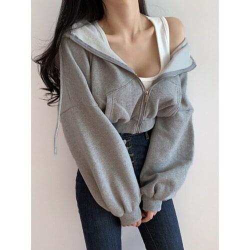 Cropped Hoodie Sweatshirt Women 2021 Korean Fashion Solid Long Sleeve Female Crop Top Harajuku Casual Zipper Hoodie Clothing