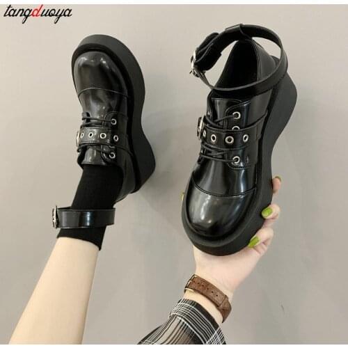 Japanese College Mori Girl Jk Uniform PU Leatehr Girl Platform Black Harajuku Lolita Gothic Round Head Mary Jane Strap Shoes