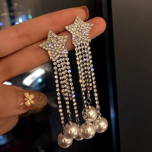 Fashion Stars Long Tassel Pearl Earrings for Women Creative Design Luxury Jewelry High Quality S925 Needle Micro-inlaid Zircon