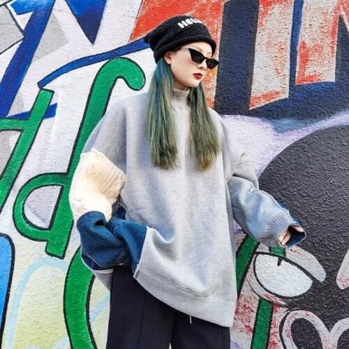 Women Winter Oversized Hoodie Turtleneck Loose Sweatshirt Padded Denim Stitching Contrast Fashion Hip Hop Girls Pullovers