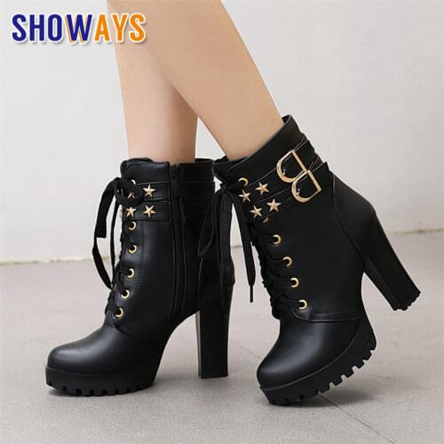 Winter Women Ankle Boots Black White High Chunky Heels Round Toe Office Ladies Star Buckle Punk Zipper Platform Motorcycle Boots