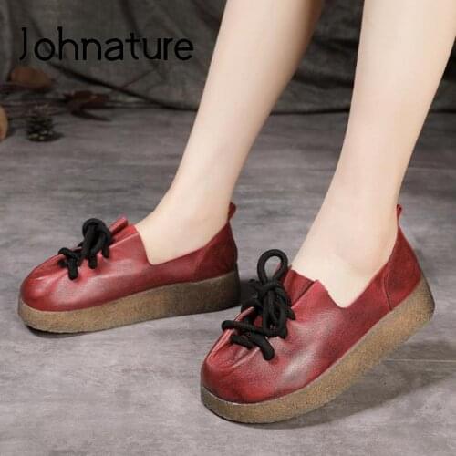 Johnature Retro Pumps Women Shoes Genuine Leather 2021 New Autumn Lace-Up Round Toe Handmade Leisure Platform Ladies Shoes