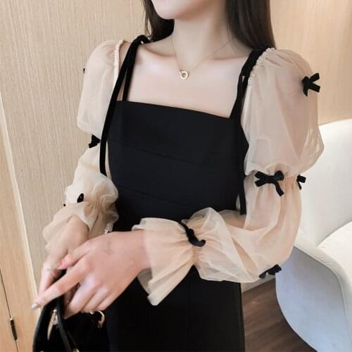 Streetwear Bow Black Dress Women Summer Autumn Puff Sleeve Mesh Patchwork Dress Plus Size Party Mini Dresses vestidos