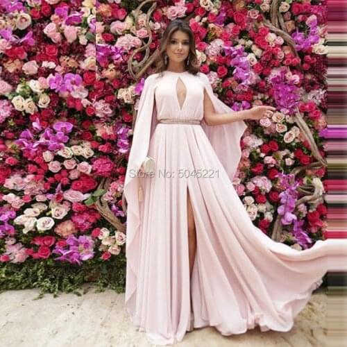 Vestido de Festa Longue Sexy Open Bust Formal Prom Dresses Saudi Arabic High Leg Slit Cloak Cape Evening Dress 2019 Islamic New