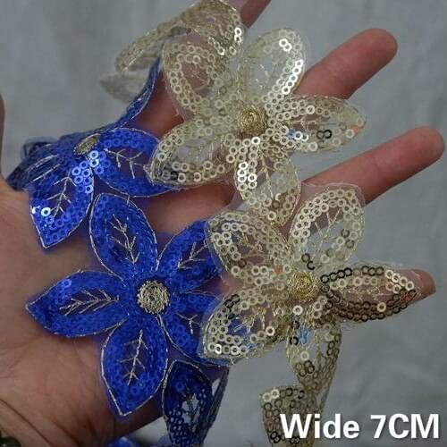 7CM Wide Luxury Glitter Golden Blue Sequins 3d Lace Embroidered Ribbon Organza Beads Fringe Trim Wedding Headwear DIY Material