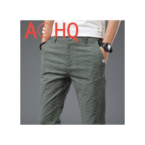 Thin Summer Plaid Pants Men Clothing Stretch Slim Dress Trousers For Male Korea Style Fashion 2021 New Green Black