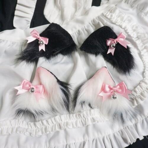 Black Pink Bow Bell Cat Ear Headdress Animal Ears Barrettes Sweet House Lolita