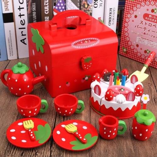 Montessori Childrens Wooden Play House Set Toy Afternoon Tea Red Strawberry Birthday Cake Cut Music Combination Simulation
