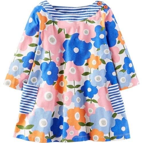 Jumping Meters New Striped Spring Autumn Cotton Baby Girls HotSelling Cartoon Dress With Flowers Kids Clothing