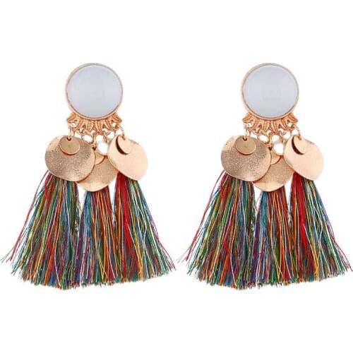 Ethnic Silk Thread Statement Fringe Tassel Earrings For Women Jewelry Bohemian Disc Drop Ear Stud