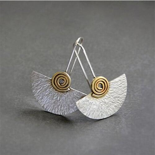 Tribal Golden Spiral Half Circle Drop Earrings For Women Gypsy Jewelry Two Tone Metal Silver Color Tree Bark Fan Shaped Earring