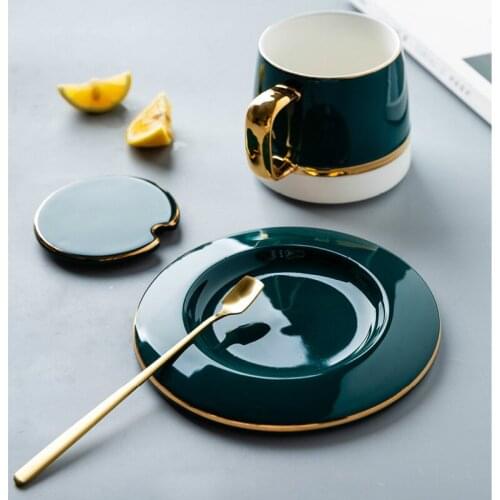 European Green Coffee Cups Ceramic Luxury Royal Mate Coffee Cup Set Gold Rim Reuseable Tazas De Cafe Espresso Cups BC50BD