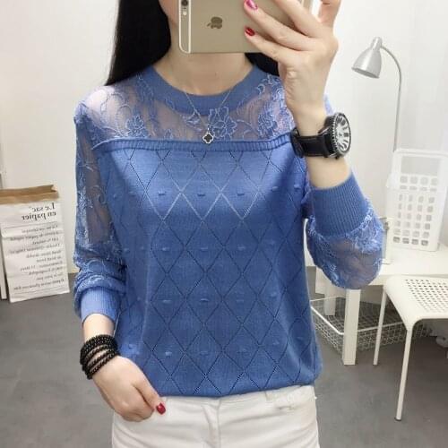 Round Neck Lace Bottoming Shirt 2021 Ice Silk Thin Knit T-shirt Long Sleeve Loose Short Sweater Top Female