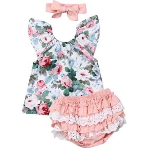 2019 Summer Infant Toddler Kid Baby Girl Floral Shirt Tops+Lace Ruffle Shorts+Headband Baby Girl Clothes Outfits Set 0-3Y
