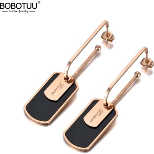 BOBOTUU Trendy Titanium Stainless Steel Geometric Dangle Earrings Black Acrylic Love Charm Drop Earrings For Women Girls BE19253