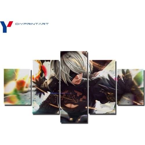 NieR Automata Girl Robot 2B 5 Panel Canvas Art Print Game Character Picture for Living Room Home Decor A0364