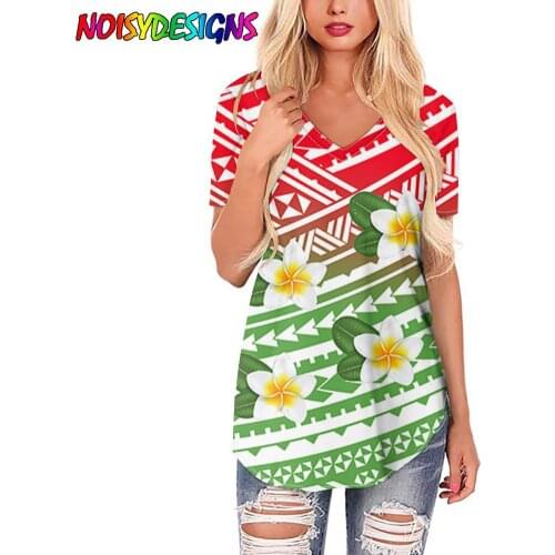 NOISYDESIGNS T-Shirt Gradient Polynesian Plumeria Tribal Prints T Shirt Short Sleeve Women Tshirt V Neck Ladies Tee Shirt New