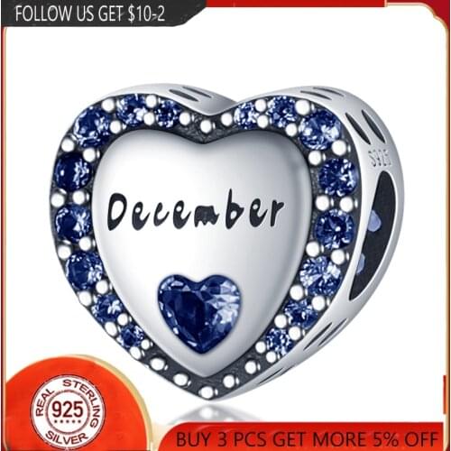 NEW 100% 925 Sterling Silver December Heart Bead Charms Fit Original Pandora Bracelets Bangle Make DIY For Women Jewelry Gift