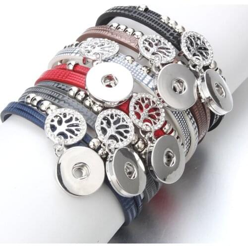 New Snap Button Jewelry Bead Tree of Life Bracelets Leather Snap Bracelet Fit 18mm Snap Buttons Bohemia Magnet Leather Bracelets