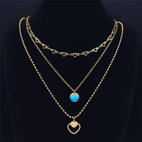Stainless Steel Green Stone Bohemia Chain Necklace Women Heart Gold Color Chocker Layer Necklace Jewelry bijoux femme NXS04