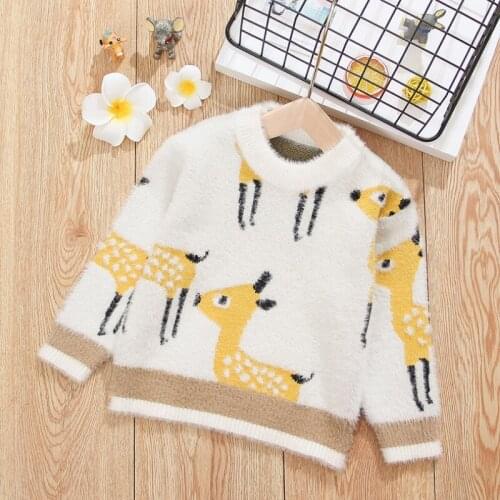 Korean Color Matching Crew Neck Cartoon Deer Mink Fleece with Pullover for Childrens Sweater