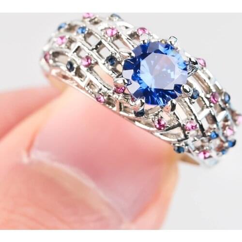 Luxurious Round Blue Zirconia Rings For Women Charming Hollow Silver Color Wedding Jewelry Rings For Female Wedding Band Gift