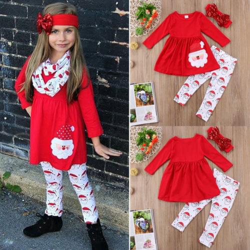 US Christmas Kids Santa Baby Girls Outfits Clothes T-shirt Tops Dress+Pants Set
