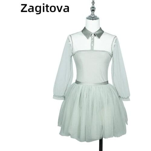 Silver Grey Figure Skating Dress For Women And Girls Long Sleeve Ice Figure Skating Clothes Wedding Dress Layered Dress