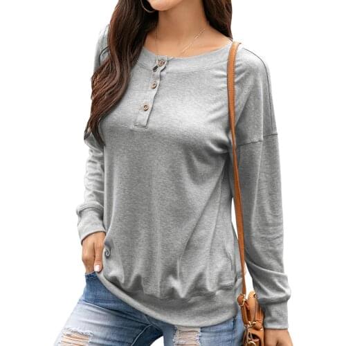 Spring Autumn Hoodies Women Sweatshirts Fashion Round Neck Button Long-Sleeve Hoodie Sweatshirts Ladies Solid Color Loose Tops