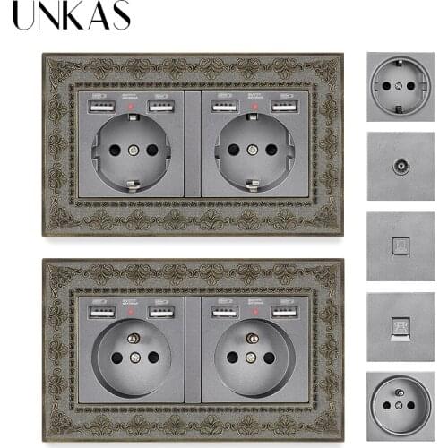 UNKAS EU French Socket Dual USB Port + TV RJ11 Telephone RJ45 Internet Computer Jack Gray 4D Embossing Panel Retro Zinc Outlet
