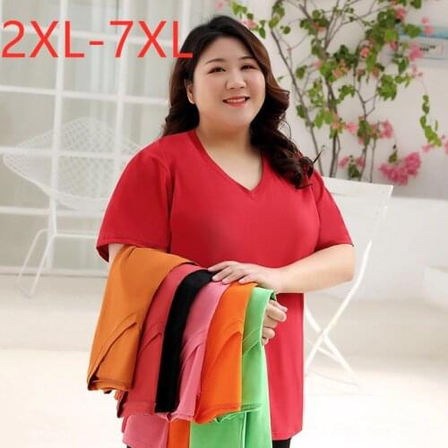 New 2021 Korea style summer plus size tops for women large loose short sleeve cotton red V neck T-shirt 3XL 4XL 5XL 6XL 7XL