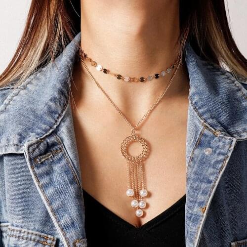 Vintage Long Elegant White Imitation Pearl Pendant Necklace for Women Bridal Wedding Double Chain Fashion Gold Necklace Jewelry