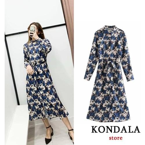 Office lady women dress elegant high waist vestidos with belt bow tie blue print floral dress chic mid calf chiffon vestido