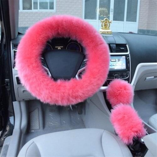 3pcs/set Fur Car Steering Wheel Cover Wool Winter Essential Universal Furry Fluffy Thick Faux Three Season