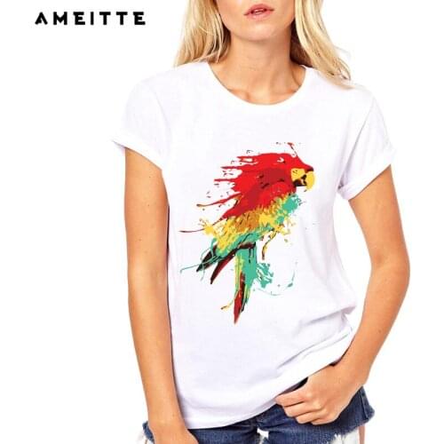 AMEITTE Summer Tops Colorful Parrot T Shirts Women Cute Bird Print Fashion All-match Female White Tee Shirt