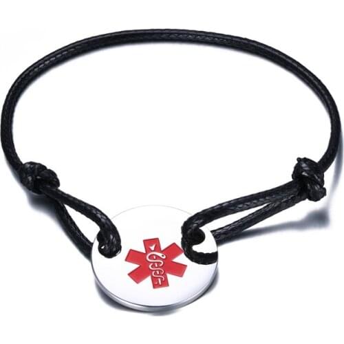 25MM Stainless Steel Adjustable Star Of Life Round Tag Wax Rope Bracelet B00371