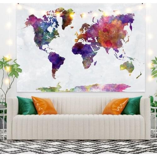 Colorful World Map White Tapestry Vintage Exotic Summer Plant Nature Frame for Bedroom Photography Wall Decor