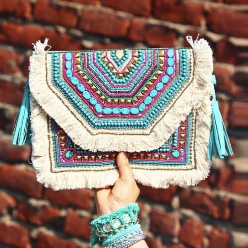 DOYUTIG Indian Design Womens Ethnic Embroidery Hobo Bag Lady Bohemia Clutches & Crossbody Bag Vintage Tassel Envelope Bag F849