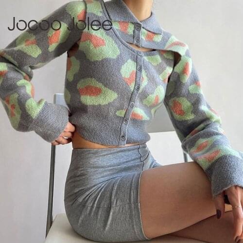 Jocoo Jolee Women Vintage Print Harajuku Sweater Elegant Cut Out Long Sleeve Knitting Pullovers Autumn Casual Slim Jumpers Tops