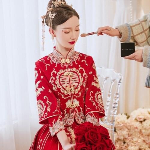 Elegant Phoenix Embroidery Chinese Wedding Dress Traditional Qipao Classic Mandarin Collar Cheongsam Ancient Vestidos